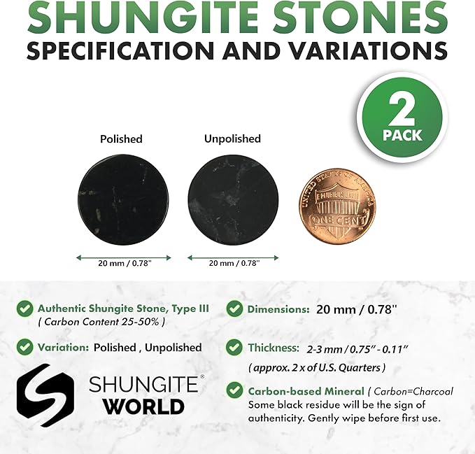 2 pcs Shungite Stickers Set Round 20mm Polished and Unpolished, 1 of each, for Cell Phone Case Tablet Laptop Computer - Energy Shungite Stones Protection Plate Carbon Fullerenes
