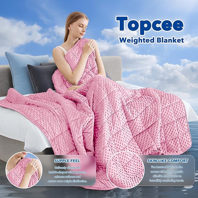 Topcee Weighted Blanket for Adults (20lbs 60"x80"), Minky Dots Heavy Blanket for 190-210lbs Sleeping, Soft, Cozy and Cooling Weighted Throw Blankets, Machine Washable, Pink