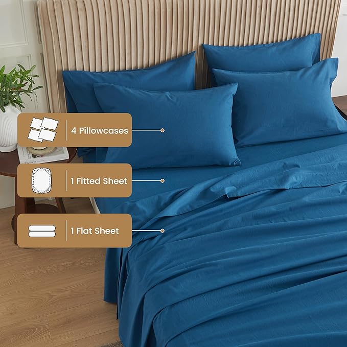 Simple&Opulence Belgian Linen Sheet Set Solid Color - 6 Pieces (1 Flat Sheet & 1 Fitted Sheet & 4 Pillowcases) 16" Deep Pocket Natural Flax Cotton Blended Soft Bedding - Navy Blue, Queen Size