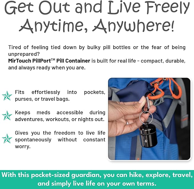 PillPort - Portable Keychain Pill Holder Case Discreet Waterproof Mini Pill Container Carrier with Strong Carabiners for Pocket Purse Travel Bags Aluminum Alloy Pill Fob Box for Medicine Jewelry 4pk
