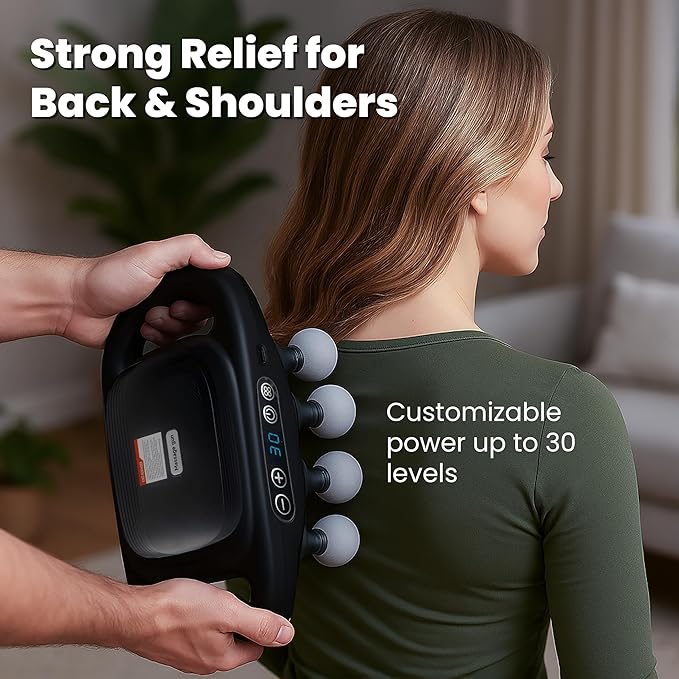 OMEO 16-Head Deep Tissue Massage Gun – Professional Percussion Massager with 30 Intensities & Quiet Motor | Portable Muscle Massager for Pain Relief, Neck, Back, Shoulders & Legs (Black)