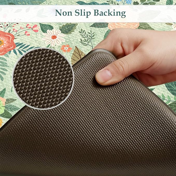 KIMODE Anti Fatigue Mats for Kitchen Floor 17"x47"+17"x29",Green Farmhouse Kitchen Rugs Sets of 2, Cushioned Kitchen Floor Mats Non Skid, Memory Foam Mats for Laundry Office Sink Desk