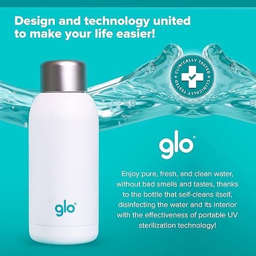 Glo - UV Water Smart Bottle | Eliminates Bad Odor and Taste | Double Insulation Stainless Steel BPA Free 400ml | Keeps Water Hot 12h and Cold 24h | Perfect for Camping Hiking Cycling and Survival