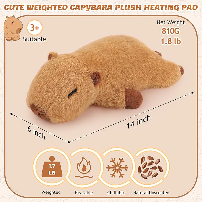 1.8lb Weighted Capybara Microwavable Heating Pad-14‘’Weighted Capybara Heating Pads for Cramps &Period Pain Relief for Women,Heatable & Coolable Stuffed Animals Bedtime Birthday Gift for Women Kids
