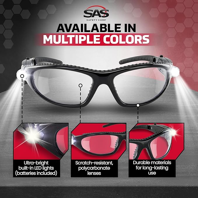 LED Inspector Safety Glasses | Protective Eyewear | Black Frame, Polycarbonate Clear Frames | Low to High Impact | Built-In LED Lights | 99.9% UV Protection | Woodworking, Construction, Mechanic