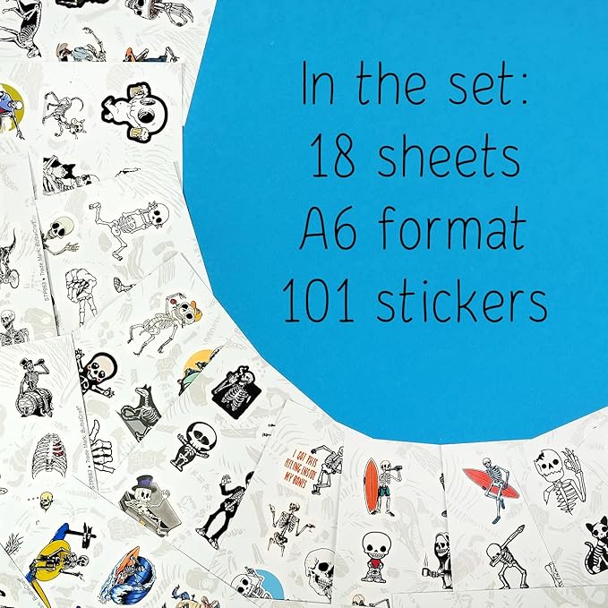 BulbaCraft 100Pcs Skeleton Stickers - Skeleton Party Decorations & Favors, Skull Stickers, Men - Spooky Halloween Decals Waterproof, Gifts for Women & Men
