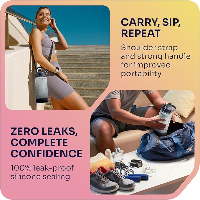 1/2 Gallon Water Bottle with 74.3 oz Capacity - Motivational Time Markers for Daily Hydration Goals - Leakproof BPA Free Tritan with Removable Straw