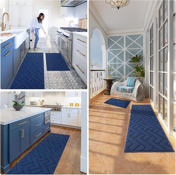 hicorfe Kitchen Rugs and Mats Sets,2 Pieces Super Absorbent Polypropylene Non-Slip Rug,Soft Comfort Floor Mat,Washable for Kitchen,Hallway,Office,Sink,Laundry(20" x 32"+20" x 48",Navy Blue)