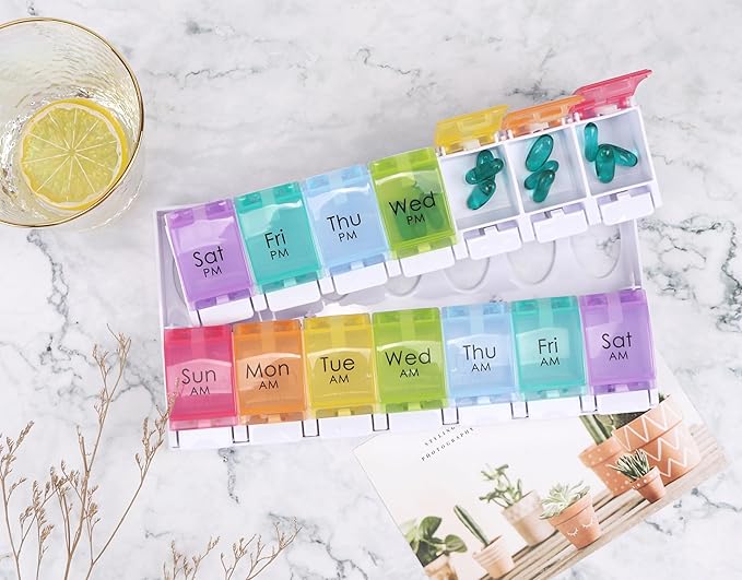 Weekly Pill Organizer 7 Day Large Storage Pill Box AM PM Daily Easy Fill Medicine Pill Cases Two Time A Day Pill Case Rainbow Design