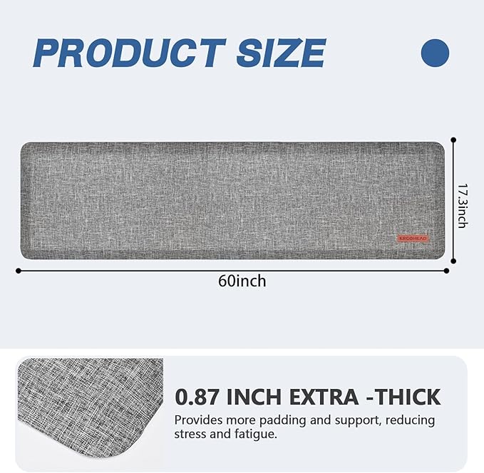 Anti Slip 7/8 inchs Anti Fatigue Kitchen Floor Mat, Ergonomic Comfort Standing Mat, Waterproof Kitchen Runner for Home, Kitchen, Office, Laundry, Garage (Light Gray, 17.3" x 60" -0.87")