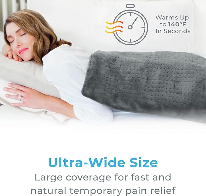 Pure Enrichment PureRelief Ultra-Wide Microplush Heating Pad - 20” x 24” XXL Size & 6 Heat Settings for Temporary Neck, Shoulder & Back Pain Relief - Moist Heat Option & Machine Washable (Gray)