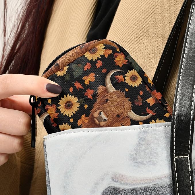 Fustylead Brown Highland Cow Sunflowers Pumpkins and Falling Leaves Pill Organizer Travel Bag, Small Portable Pill Case Cute for Vitamin Fish Oil Supplements Medicine Organizer with Zipper