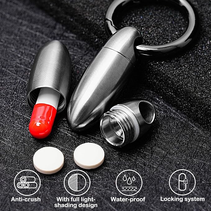 Mini Titanium Pill Holder Keychain, Waterproof EDC Pill Container Organizer for Travel, Pocket, Purse - Silver Bullet-Shaped Metal Medicine Case for Medicine & Vitamins - A 2PCS