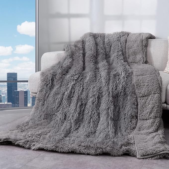 Cottonblue Weighted Blanket 25lbs 60x80 inches for Queen Bed, Faux Fur Sherpa Weighted Blanket for Adults, Plush Cozy Bed Blanket with Glass Beads for Calm and Relax, Grey
