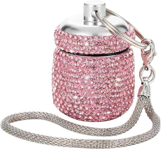 Pill Case for Purse Small Pill Container Keychain Bling Medicine Holder with Keychain Travel Medicine Organizer Bottle for Vitamin Supplement(Pink)