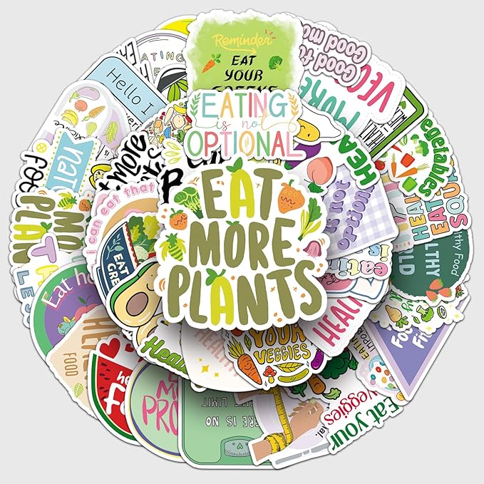 50pcs Healthy Diet Stickers,Healthy Eating Stickers Fruit & Vegetable Meal Decorative Stickers, Self-Adhesive for Scrapbooking, Kitchen Decoration, Weight Loss Plan Recordin