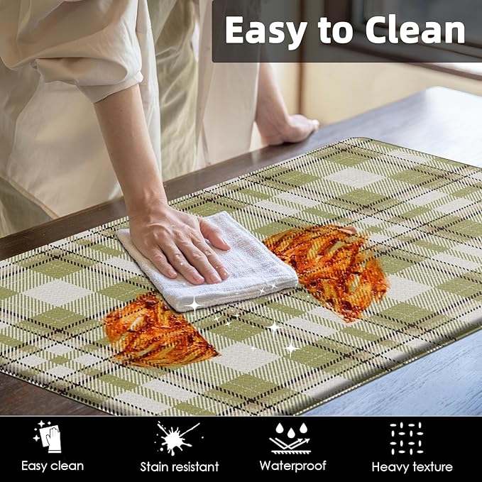 Arttown Green Anti-Fatigue Kitchen Rug Set of 2 Plaid Cushioned Floor Standing Mat Waterproof Non-Slip Mat and PVC Ergonomic Comfort Foam Rug