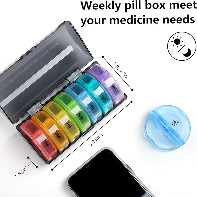 Sukuos Large Weekly Pill Organizer 2 Times a Day, Daily Pill Box 7 Day Easy to Open with Double Protection, AM PM Pill Case for Medicine/Vitamin/Fish Oil/Supplements (Yellow)