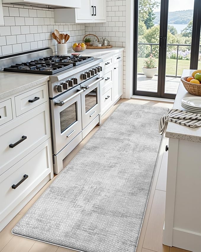 DEXI Kitchen Mats Cushioned Anti Fatigue, 23x59 Floor Padded Runner Rug Non Slip, Waterproof Standing Comfort Memory Foam for Front Sink Laundry, Light Grey