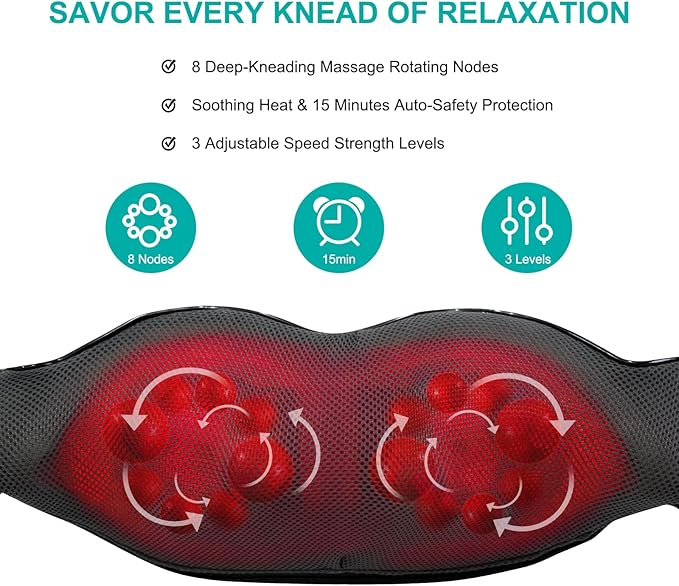 Shiatsu Back and Neck Massager with Heat, Deep Tissue Kneading Back Massager for Pain Relief