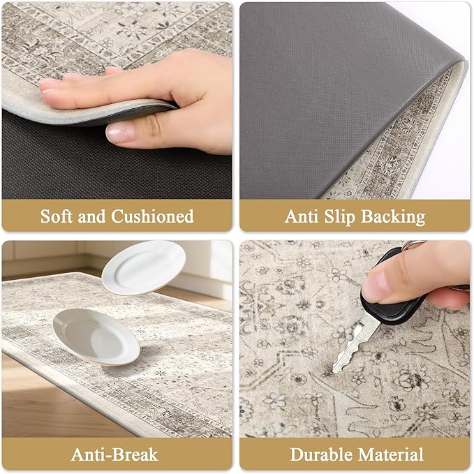 Pauwer Anti Fatigue Kitchen Floor Mats Set of 3, PVC Foam Padded Kitchen Rugs, Non Slip Cushioned Comfort Standing Mat, Waterproof Sink Rug for Small Kitchen Area, Laundry Room, Khaki