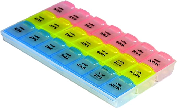 Inspirations 21 Compartments Pill Organizer Box, Medicine Remainder with Snap Lids, 7-Day AM/PM for Pills, Vitamins(6038, 21 Compartment)