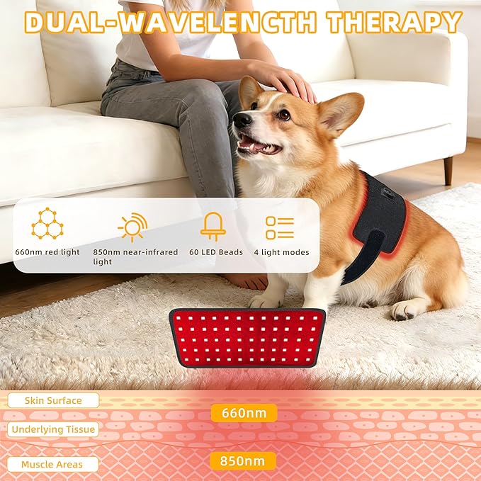 Pets Upgraded Red Light Therapy Belt, LED Infrared Therapy with 4 Modes & 4 Adjustable Timer, 60 LEDs, 660nm & 850nm Red Light, LED Screen Pet Muscle Recovery Light for Joint Relief