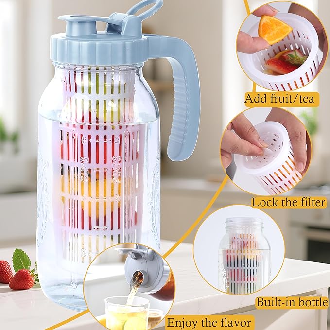 64 Oz Glass Mason Jar Pitcher With Infuser Lid Half Gallon Mason Fruit Infused Water Pitcher 2 Quart Wide Mouth Sun Tea Jar For Outside For Fridge Lemonade, Beverage,Milk,Juice, Cold Brew Container