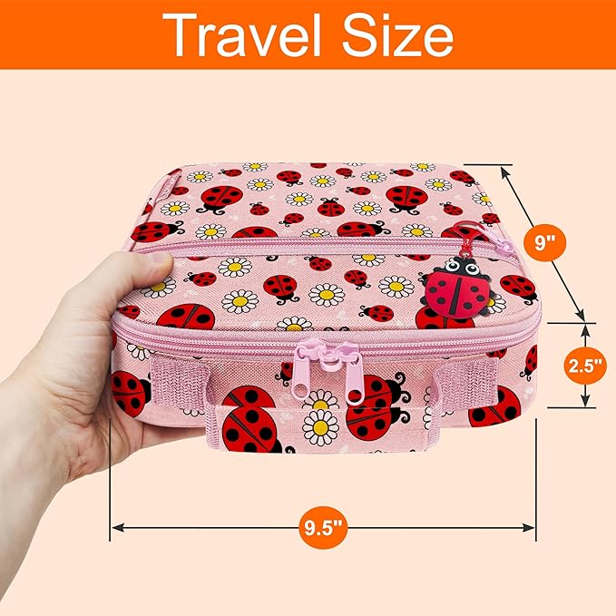 Medium Travel Pill Bottle Organizer, Child Medicine Bag with Zipper Toy, Carrier for Kids Medications and Medical Supplies - Lady Bugs