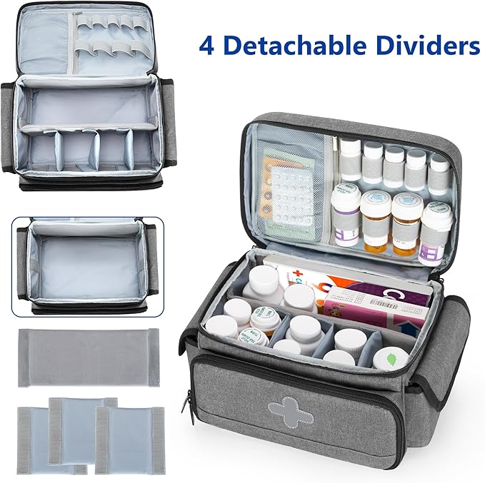 CURMIO Medicine Storage Bag Empty, Lockable Pill Bottle Organizer with Portable Zippered Pouches for First Aid Kits, Medicine Box for Home and Travel, Gray (Patent Pending)