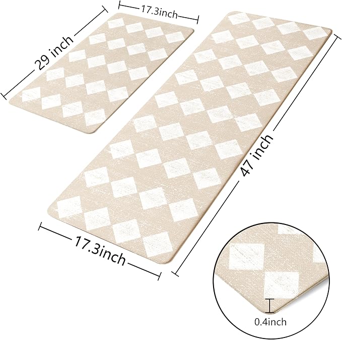 Moroccan Trellis Cream Checkered Kitchen Rug Sets [2 PCs], Anti-Fatigue, Waterproof Non-Slip Kitchen Mats Heavy Duty Ergonomic Comfort Foam Rug for Floor, Home, Laundry,17"x29"+17"x47"