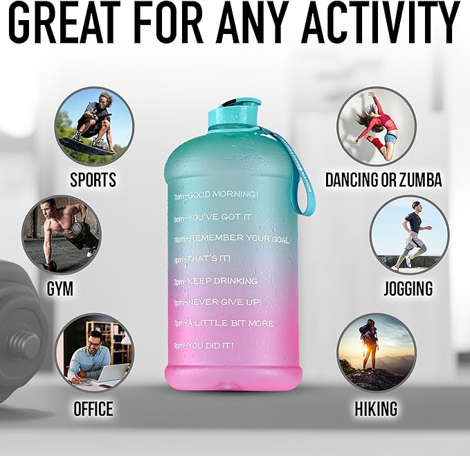 Hydration Nation 1 Gallon Water Bottle with Times to Drink - Motivational Time Reader Leak-Proof Jug with Flip Cap & Strap - 128oz Sports Bottle