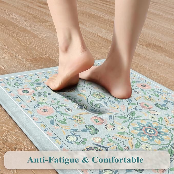 KIMODE Anti Fatigue Kitchen Mats for Floor Cushioned,Boho Floral Kitchen Rugs Sets of 2 Non Slip,Wide Memory Foam Kitchen Floor Mat for Laundry Sink Bathroom Office,Blue 20" x 47"+20" x 32"