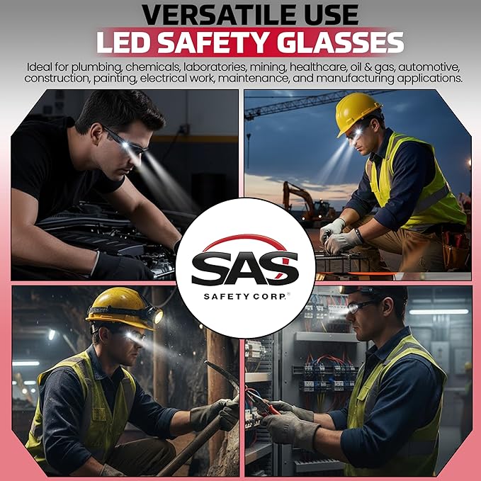 LED Inspector Safety Glasses | Protective Eyewear | Black Frame, Polycarbonate Clear Frames | Low to High Impact | Built-In LED Lights | 99.9% UV Protection | Woodworking, Construction, Mechanic