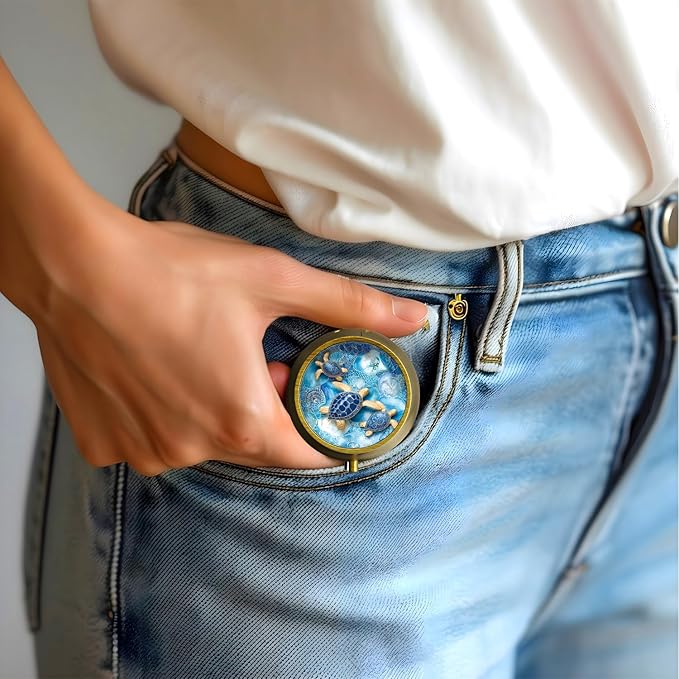 Small Pill Case Pill Box with Mirror Retro 3 Compartment Pill Holder for Purse or Pocket Bronze Portable Medicine Vitamin Container Fish Oil and Supplement Storage BPA-Free(Blue Sea Turtles)