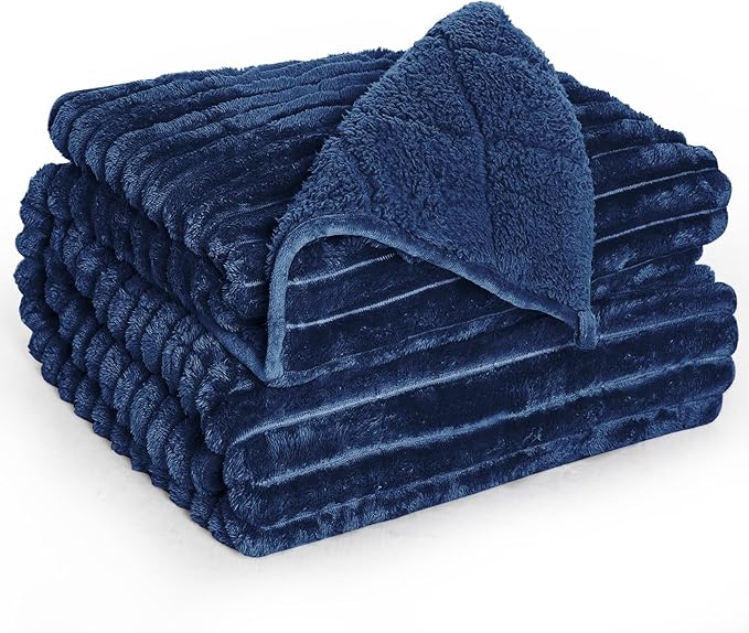 Sherpa Fleece Weighted Blanket with 3D Ribbed Stripes, 15 lbs Soft Flannel Heavy Throw Blanket for Couch Bed Sofa, Heavy Thick Blankets with Glass Beads, Comfort for Cozy Evenings, 48" x 72"