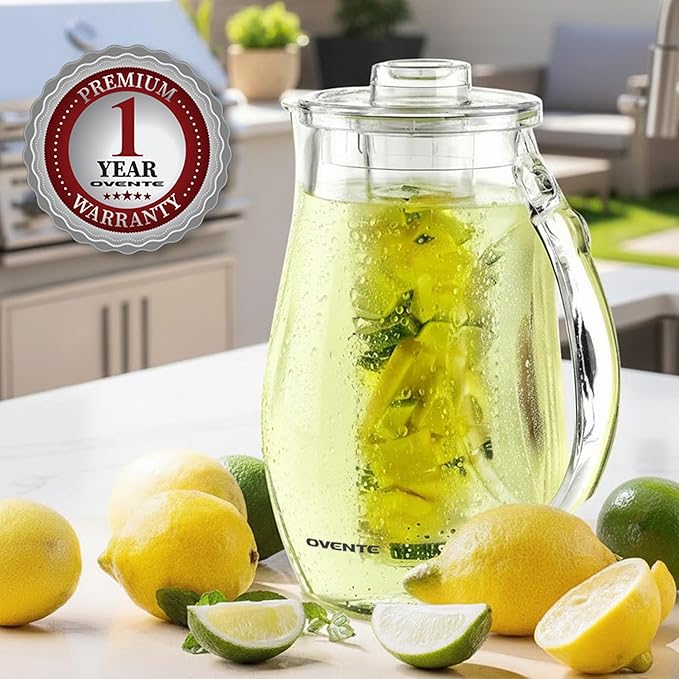 OVENTE Fruit Infusion Water Pitcher 2.5L/85Oz with Removable Lid and Infuser Rod, BPA-Free, Shatterproof Acrylic Beverage Jug for Flavor-Infused Drinks, Lemonade, Juice and Iced Tea, Clear PIA0852C