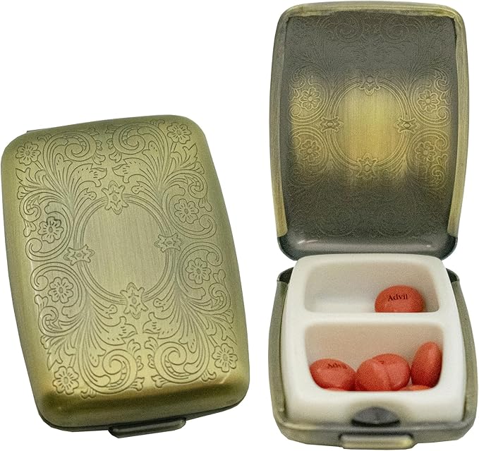 Stephanie Imports Set of 2 Victorian-Style Rectangular Dual-Compartment Pill Organizers with Secure Latch and BPA-Free Divider