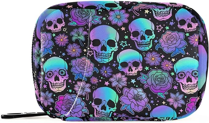 Travel Pill Organizer Bag Weekly Pill Organizer Case Goth Skulls Flowers Portable Small Daily Pill Boxes for Vitamin Fish Oils Supplement Holder with Zipper Compact Size