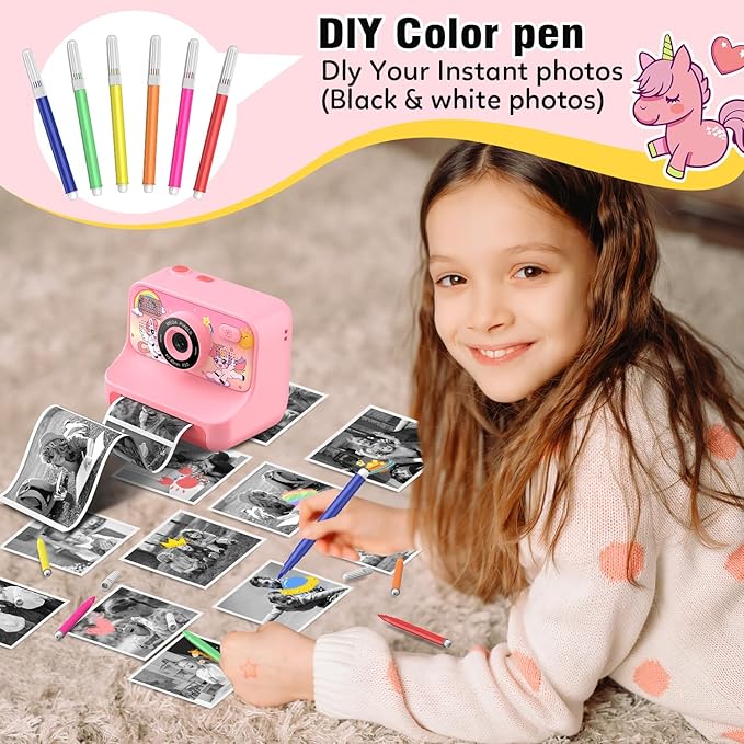 Instant Print Camera for Kids Age 3-12 Girls Boys 1080P HD Digital Video Cameras with 5 Print Paper & 32G Card Toddler Portable Travel Toys Camera for Christmas Birthday Gifts