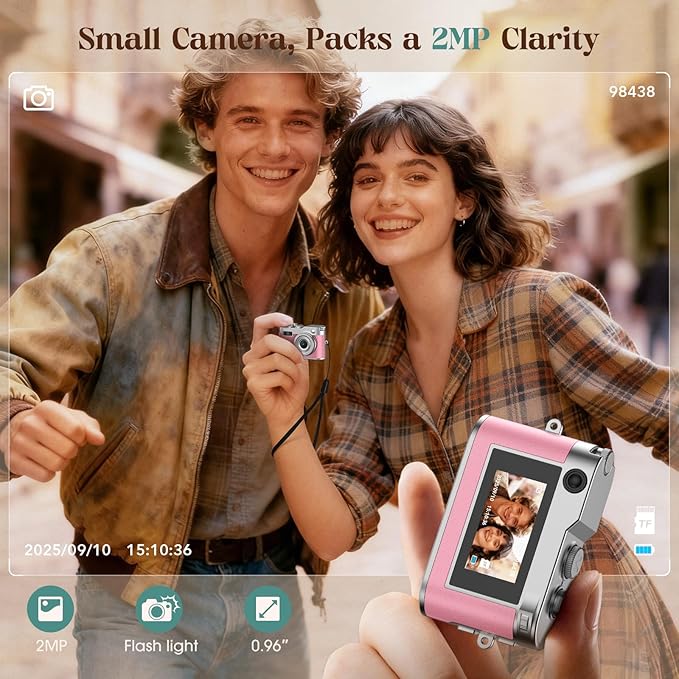 Mini Digital Camera, Keychain Camera 1080P HD with 2MP Lens, Flash, Video Recording, 32G Card Included, Portable and Compact Retro Vlog Camera for Travel, Kids, Pink