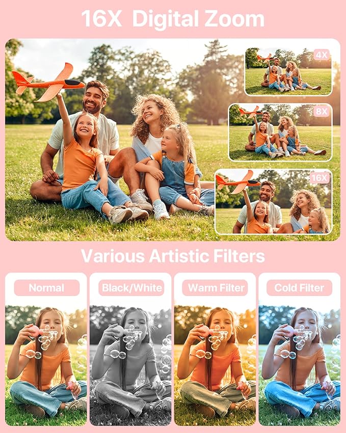 Digital Camera, Kids Camera with 32GB Card, FHD 1080P 44MP Vlogging Camera, 16X Zoom Point and Shoot Digital Camera Compact Portable Rechargeable Cameras for Teens Boys Girls Students Seniors-Pink