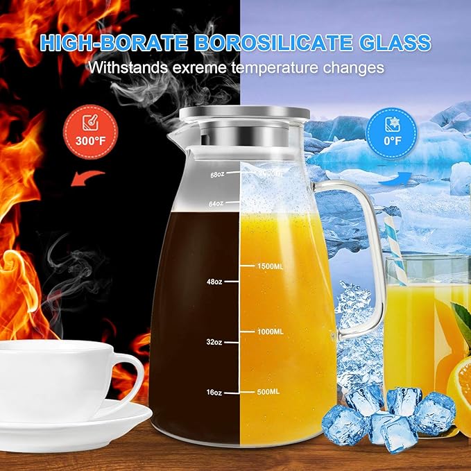 Aofmee Glass Pitcher with Lid, 68oz Water Pitcher with Handle and Precise Scale Line, Stainless Steel Iced Tea Carafe, Heat Resistant Borosilicate Jug for Juice, Milk, Cold or Hot Beverages