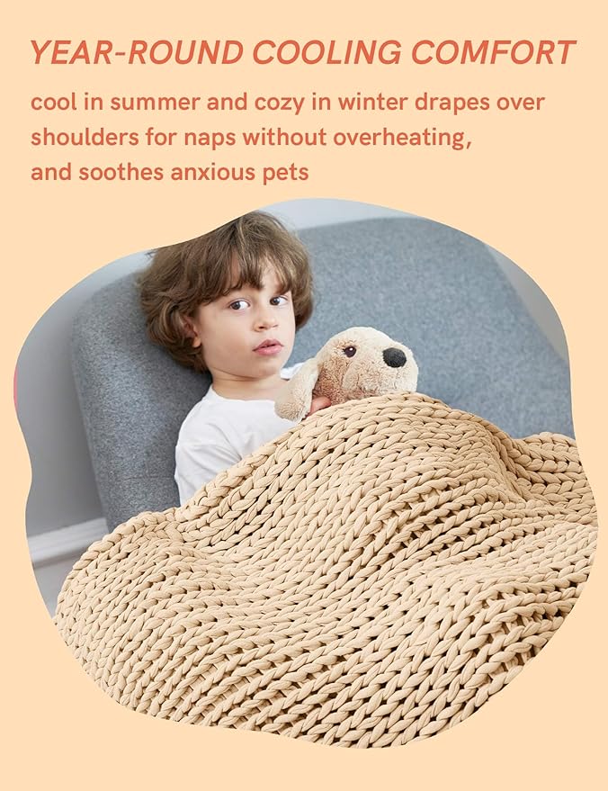 YnM Cooling Weighted Blanket, 100% Cotton Handmade Chunky Knitted Blanket, Weighted Lap, Breathable Heavy Blankets, Machine Washable Throw for Sleep or Home Decor (Beige, 50x60 Inch, 10lbs)