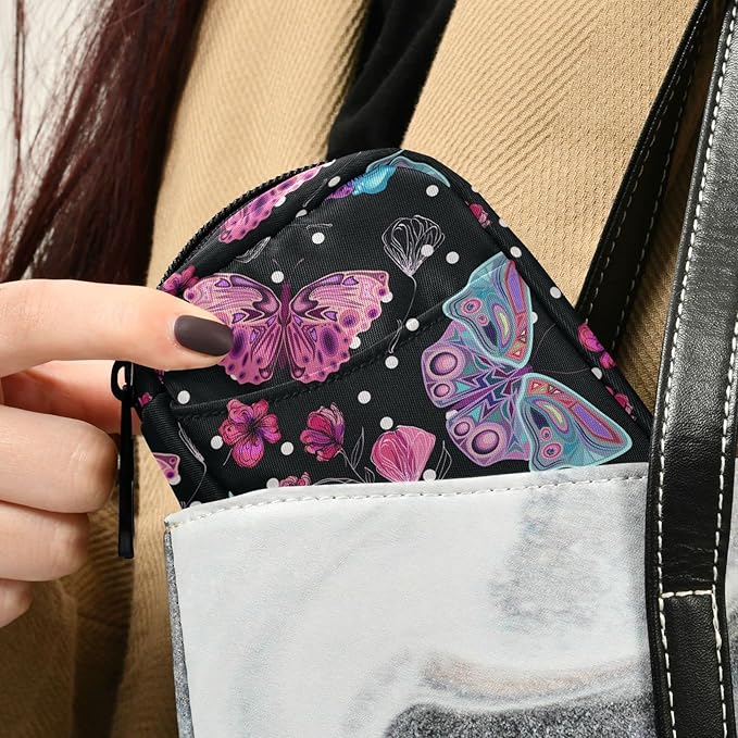 Fustylead Pink Flowers and Butterflies Pill Organizer Travel Bag, Small Portable Pill Case Cute for Vitamin Fish Oil Supplements Medicine Organizer with Zipper