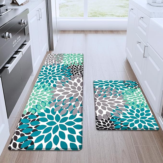 Likiyol Kitchen Mats for Floor [2 PCS] Anti-Fatigue Comfort Kitchen Rugs, Boho Flower Cushioned Waterproof Kitchen Decor Mat Thick, Standing Floor Mats for Home/Office, 18''x30''+18''x48''(Teal)