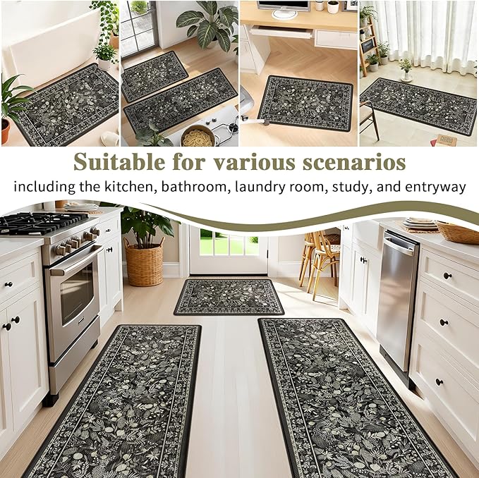 Kitchen Mats for Floor 3PCS Anti Fatigue Cushioned PVC Kitchen Rugs Non Slip Waterproof Botanical Floral Rugs Comfort Standing Mat for Laundry, Desk, Bar, Office Black