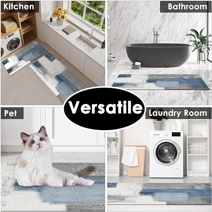 Anti-Fatigue Blue Grey Kitchen Rug Set of 2 Cushioned Abstract Rug for Floor, Art Standing Mat Waterproof Non-Slip Mat PVC Ergonomic Comfort Foam Kitchen Decor