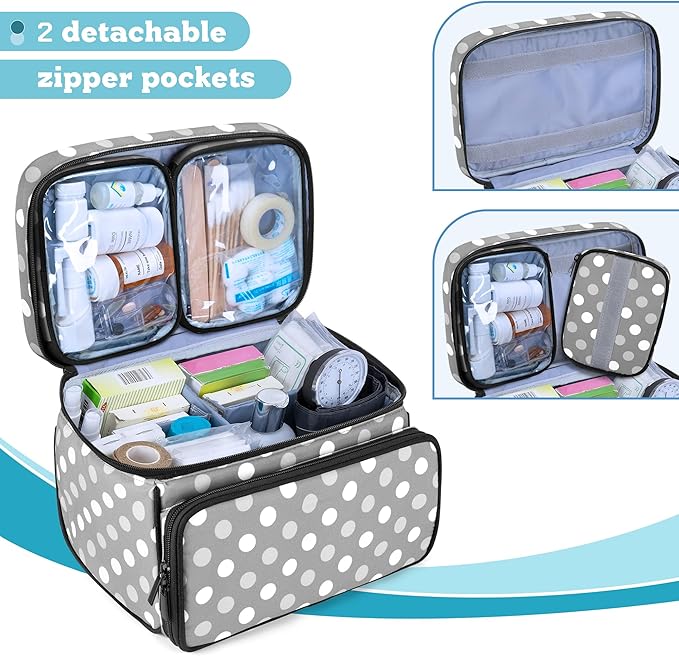 LUXJA Medicine Bag with 2 Detachable Clear Pouches,Travel Pill Bottle Organizer with Detachable Dividers, Gray Dots