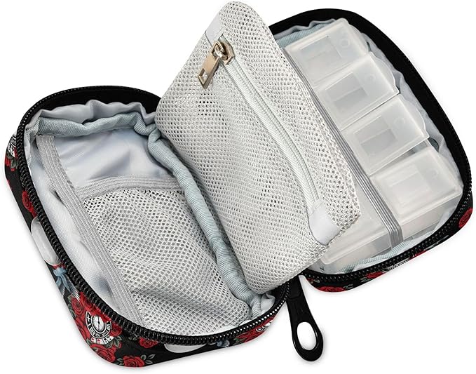 Travel Pill Organizer Bag Weekly Pill Organizer Case Skull Rose Clock Pigeon Portable Small Daily Pill Boxes for Vitamin Fish Oils Supplement Holder with Zipper Compact Size